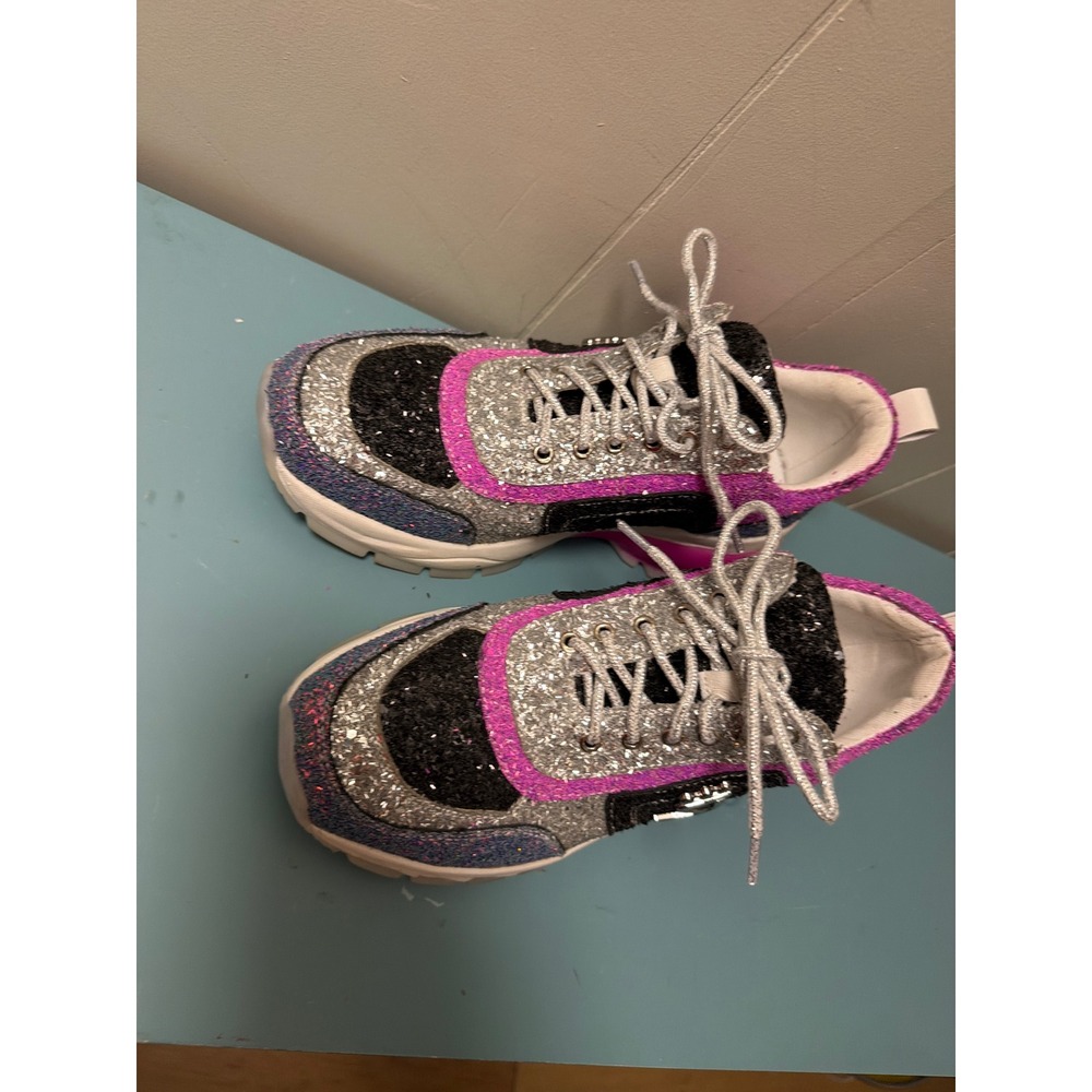 Shane Justin Womens Glitter Chunky Platform Sneakers Pink Silver Black Size 38